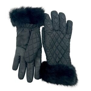 Preston & York Black Quilted Gloves Fur Trim Cuffs Sz M Fleece Lined Insulated‎